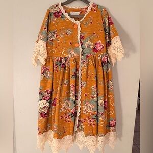 Mustard Floral Crochet-Trim Midi Dress